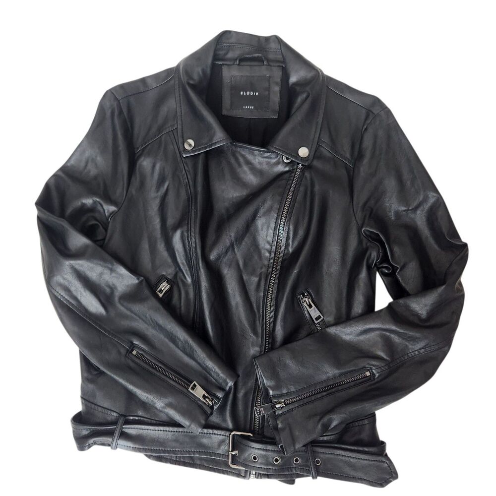 Elodie Womens Soft Faux Leather Moto/Biker Jacket-Black-Cropped-Belted-Rocker-L